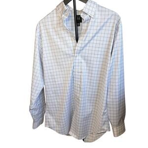 Jos A Bank Mens Traveler tailored fit blue white plaid shirt.  Size 15 1/2, 34